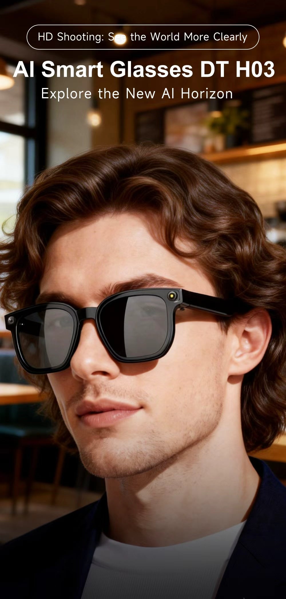 Model wearing Wearprox Vision black smart glasses